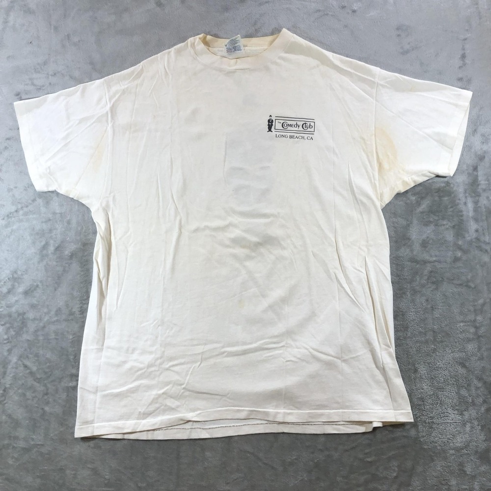 Vintage Hanes Shirt Mens XL White Comedy Club Long Beach CA Logo Graphic Tee